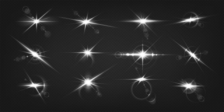 Sparkling stars realistic vector illustration set. Light blasts monochrome icons. Cosmic flares glowing 3d elements on transparent background