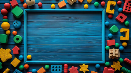 Baby kids toys frame on background, Toy many colorful educational wooden