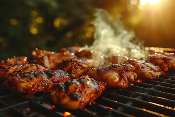 Barbecue Picnic: Capture the scene of frying chicken on a barbecue grill, illuminated by the...