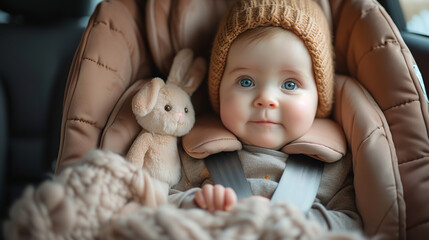 beautiful baby with a bunny toy in a child car seat