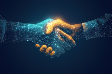 Two wire-frame glowing hands coming together in a handshake, representing technology, business, and the concept of trust