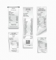 Customer payment bills realistic vector illustration set. Receipts from store, cafe, hotel templates. Papers 3d on transparent background