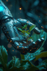 A gentle robotic arm cradles a sprouting plant against the backdrop of the cosmos