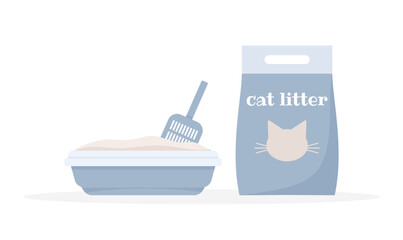 Cat litter filler and cat toilet tray with showel isolated on white background, flat vector illustration