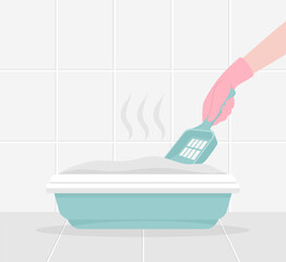 A hand in a rubber glove with a spatula cleaning the cat litter box in the bathroom. Flat vector illustration