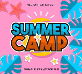 Summer camp banner with tropical leaves and flowers. Vector illustration in flat style