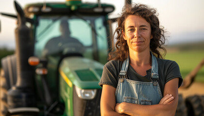 photo of a farmer standing infront of her tractor