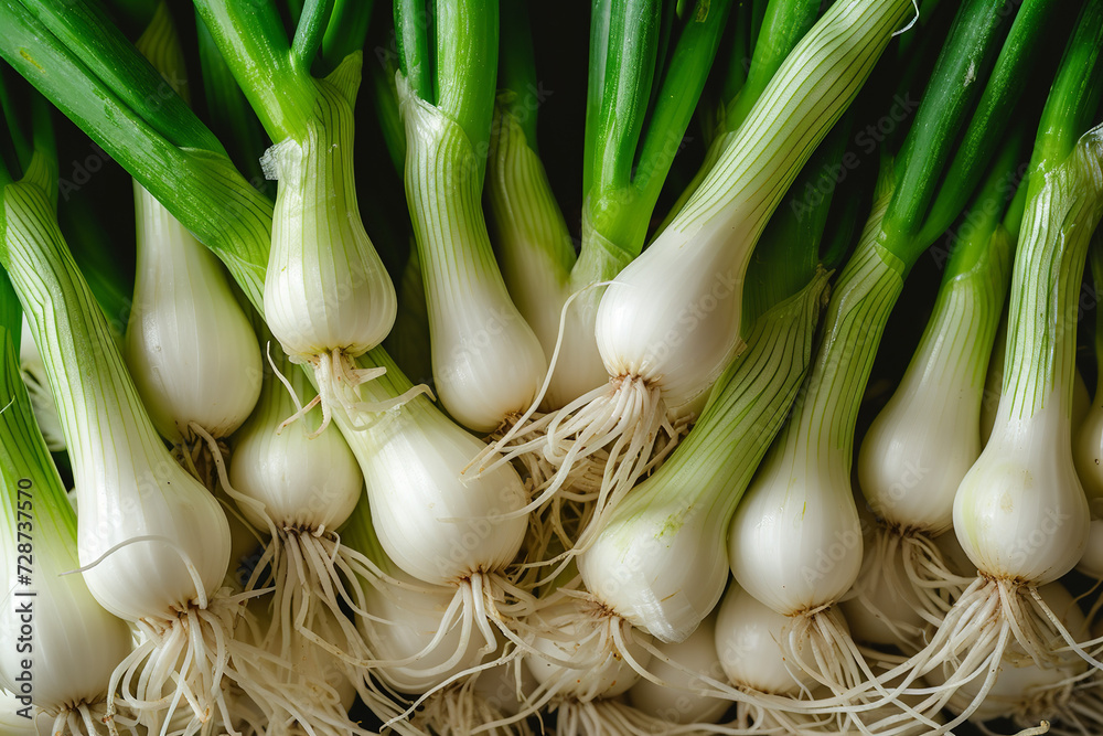 Wall mural top view on fresh green spring onion vegetables