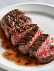 Sliced medium rare filet steak arranged on a classic white plate with a drizzle of savory sauce
