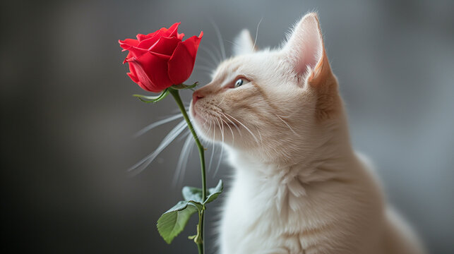Adorable White Cat Expresses Affection with a Red Rose in Its Mouth - Whiskered Charm for Valentine's Day, Romantic Pet Portraits, and Heartwarming Feline Companionship