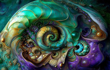 Fantasy beautiful nautilus, alien shell, fractal with teal, turquoise, gold and purple spirals. Luxury, unique design swirls for colorful motion illustration. Small blurred details.