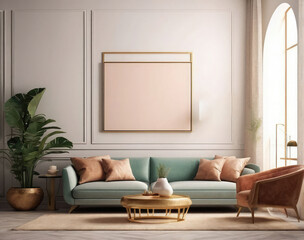Domestic and Cozy Living Room Interior - Beige Sofa, Plants, Mock-up Poster Frame, Aesthetic Minimalist Design.
