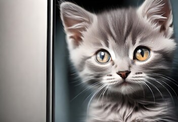 Beautiful cute one-eyed grey kitten with stripes