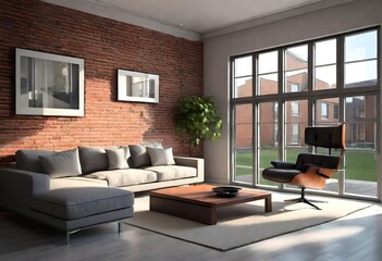 Modern living room with brick walls and seat style window view