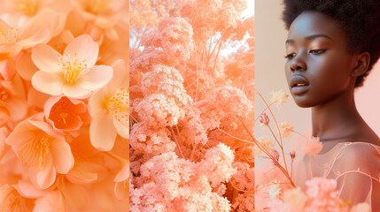 Fashion moodboard African American woman and peach-colored flowers. Concept of spring time and facial skin care. Delicate shade at the intersection of orange and pink. 