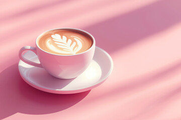 Isometric image of a cup of coffee on a pink minimalistic background. Spring color palette, aesthetic, minimalist design.