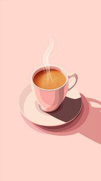 Isometric image of a cup of coffee on a pink minimalistic background. Spring color palette, aesthetic, minimalist design. Vertical Banner