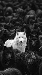 White wolf commands attention as the sole contrast in a pack of black wolves. Individuality and personality concept. Stand out among the crowd. Not like everyone else. Vertical Banner