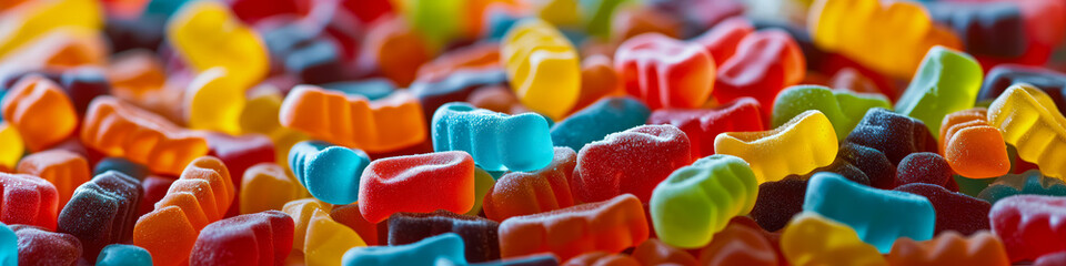 Banner Close-up, vivid of various sweet Swedish Candy with rich colors. Colorful Assortment of Sugary Candies. Concept of diabetes and excess calories.