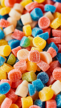 Close-up, vivid of various sweet Swedish Candy with rich colors. Colorful Assortment of Sugary Candies. Concept of diabetes and excess calories. Vertical Banner