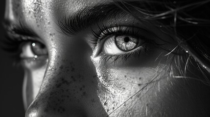 Obraz premium A dramatic black and white close-up showcasing a detailed view of a human eye, with water droplets adding texture and depth.