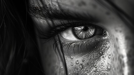 Water droplets add texture and depth to a dramatic black and white close-up, showcasing a detailed view of a human eye.