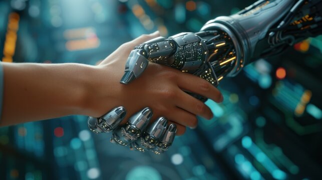 Symbolizing human-robot interaction and advanced robotics technology, a close-up captures two robotic hands reaching towards each other.