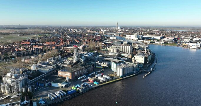 Company in the production of special fats, mainly for the food industry. Birds eye view in Zaandam, The Netherlands. Food processing plant. Aerial birds eye view.