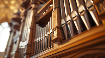Close-up of church organ pipes in a grand sanctuary,