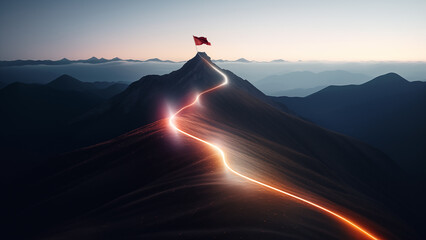 Glowing path leading to success concept with flag on peak of mountain