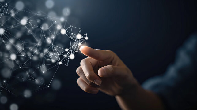 Human hand touching neuronal network of artificial intelligence system