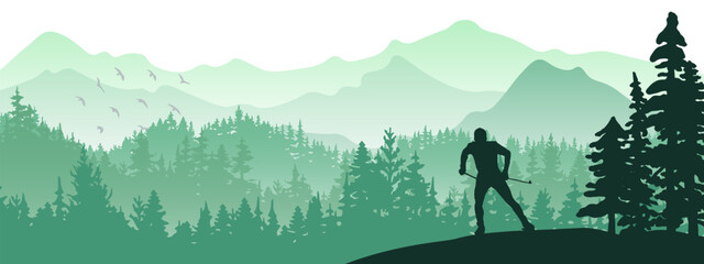 Cross-country-skiing in magical misty landscape. Mountains, forest in the background. Green illustration. Man, skiing. Horizontal nature picture, banner. 