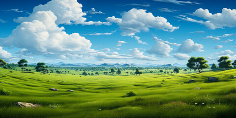 Obraz premium Expansive lush green field under a vibrant blue sky with fluffy white clouds, surrounded by a line of trees on the horizon, depicting serene and tranquil rural landscape