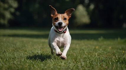 jack russell terrier running on grassy ground