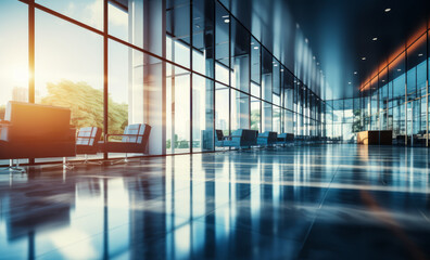 Modern corporate office building interior with glass walls, reflective floor, and natural light, creating a sleek professional business atmosphere
