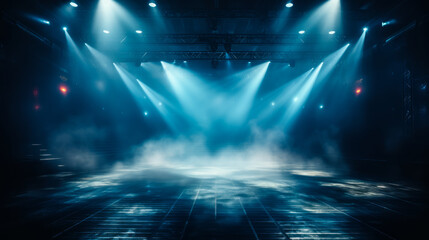 Mysterious empty stage with dramatic blue lights and smoke, spotlight on the shiny floor, ready for performance or presentation in dark ambiance - obrazy, fototapety, plakaty