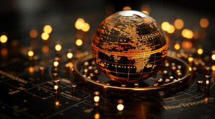 A future cityscape view through a golden color transparent glass globe sphere on the floor with architectural town background at the back drop and blurred bright lights dots