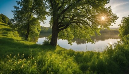 Beautiful panoramic photo. Summer is starting. Sunny, good weather, warm. Green beautiful trees, grass, bushes, flowers. Everything blooms and shines.