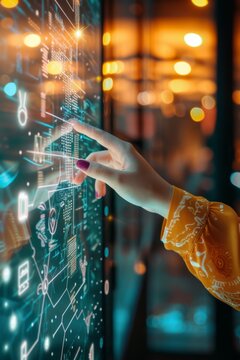 female hand touching smart device with computer icons