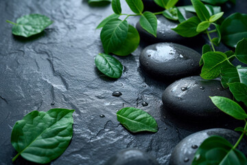 Obraz na płótnie Canvas Spa stones and leaves on grey background.