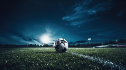 Soccer Ball on Grass at Night, Empty Stadium with Lights