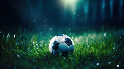 Illuminated Soccer Ball on Fresh Green Grass at Twilight - obrazy, fototapety, plakaty