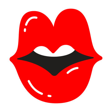 Red large plump lips parted with glossy lipstick. Retro pop sticker. Flat doodle style. Vector illustration.