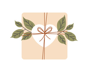 Gift in craft wrapping with branch. DIY eco packaging with leaf plant. Handmade holiday gift box made from eco-paper. Flat vector illustration isolated on white background.