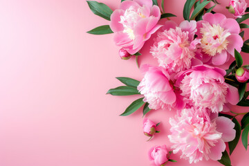 Tender peonies on pink background with copy space. Abstract natural floral frame layout with text space.