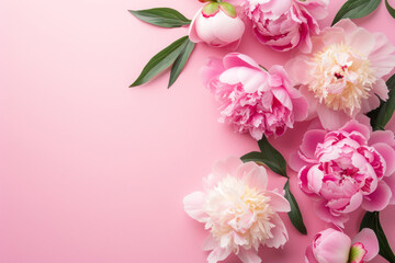 Tender peonies on pink background with copy space. Abstract natural floral frame layout with text space.