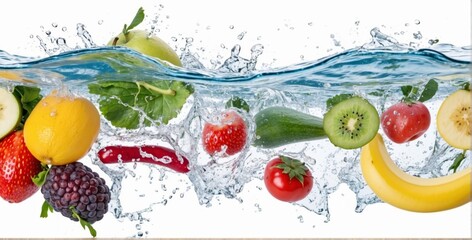 Fresh multi fruits and vegetables splashing into blue clear water splash healthy food diet freshness concept isolated on white background