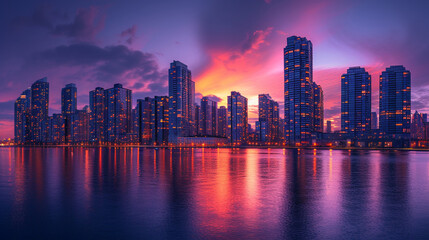 A panoramic view of a waterfront apartment building at sunset - obrazy, fototapety, plakaty