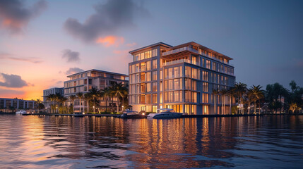 A panoramic view of a waterfront apartment building at sunset