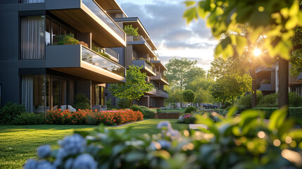 A sunny day view of a modern apartment building with a landscaped garden in the foreground - obrazy, fototapety, plakaty